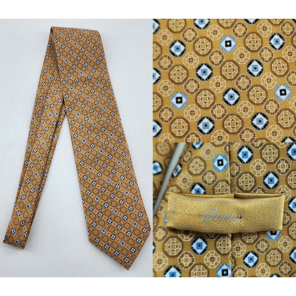 BRIONI Gold Luxury Designer Geometric Print 100% Silk Necktie Made in Italy